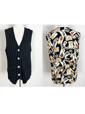 Vintage Women's Button Front Vest Striped Novelty Musical Instruments Sz Medium
